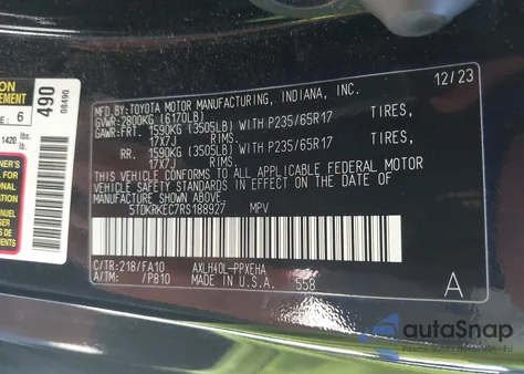 2024 Toyota Sienna Le из США, поврежденный, VIN 5TDKRKEC7RS188927